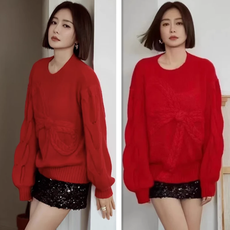 【菲姐专属】秦岚同款慵懒风灯笼袖蝴蝶结提花新年红色毛衣针织衫