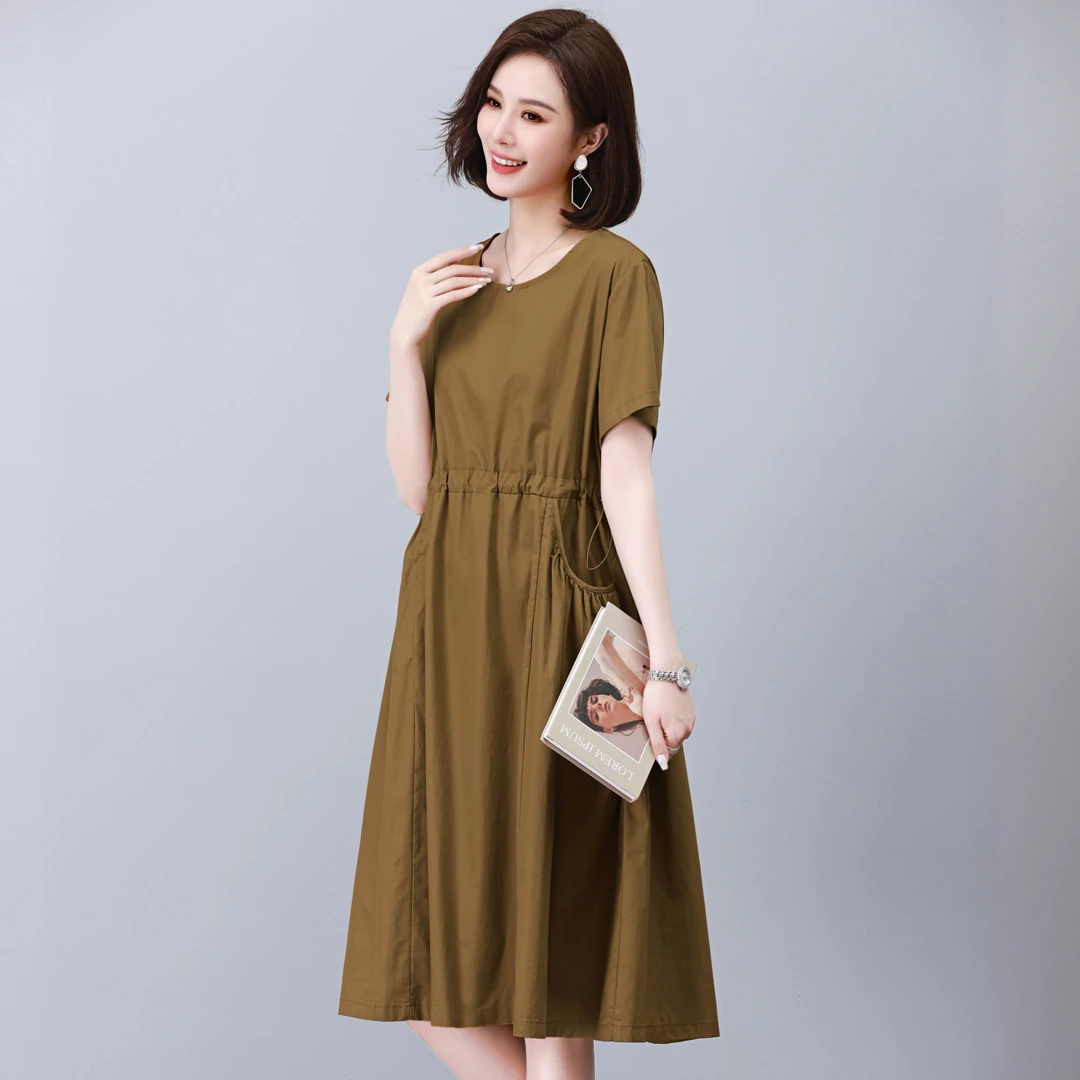 纯棉短袖连衣裙女夏季薄款中年妈妈宽松遮肚时尚抽绳收腰显瘦裙子