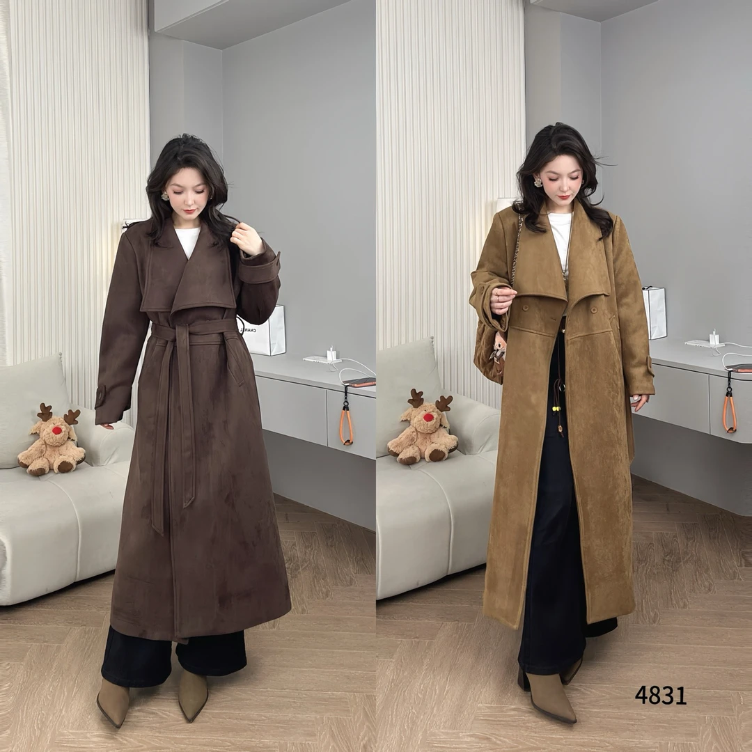 Saeda新款韩版加绒复古大翻领显瘦麂皮绒秋季长款风衣外套YF4831