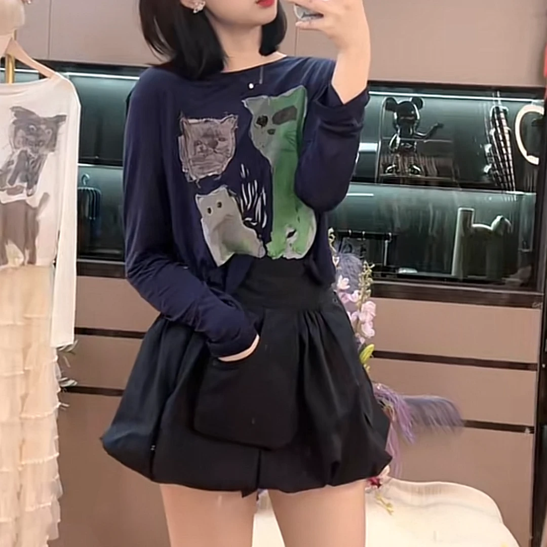 玩偶印花设计师小众短款防晒打底衫女2025新款春夏薄款长袖上衣