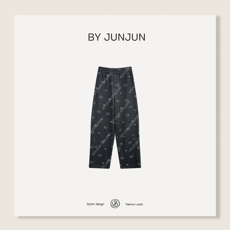 ByJunjun猫咪刺绣 加厚银狐绒卫裤保暖百搭显瘦松紧腰休闲裤