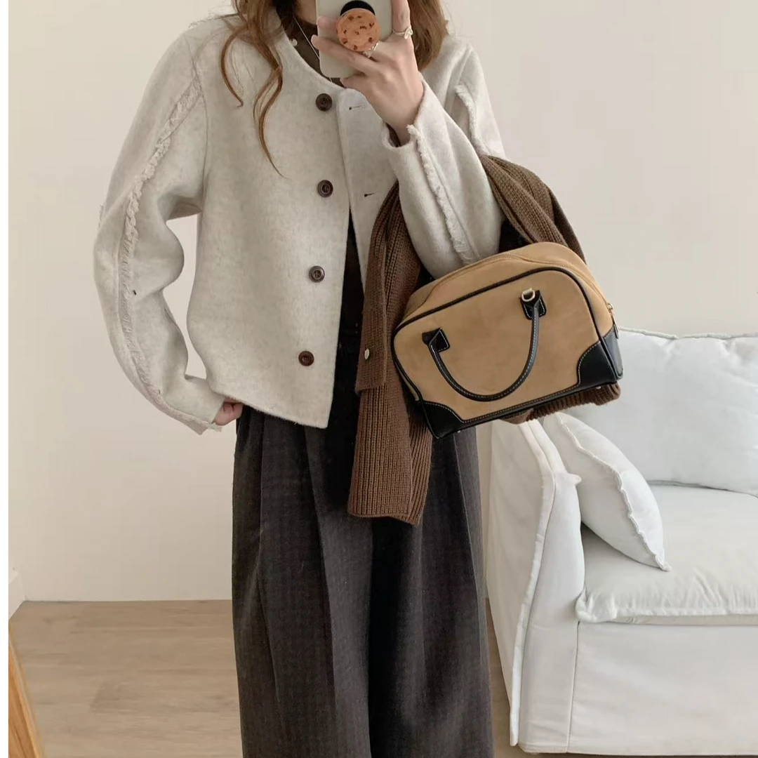 24新款春季双面羊毛小个子呢子大衣女韩版轻奢赫本风短款毛呢外套