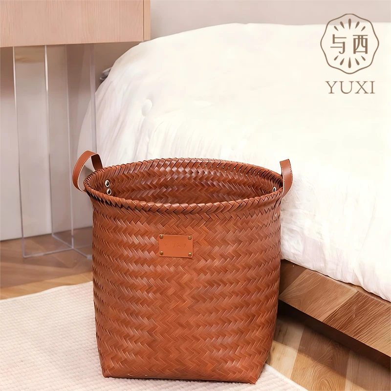 YUXI/与西美式高级收纳脏衣篮仿藤编PU把手收纳桶大号玩具杂物箱