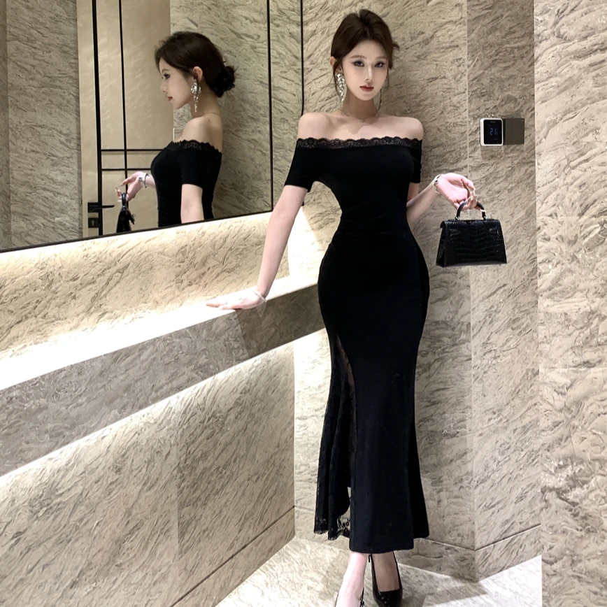 御姐性感拼蕾丝露肩小黑裙高端气质收腰显身材法式镂空鱼尾连衣裙