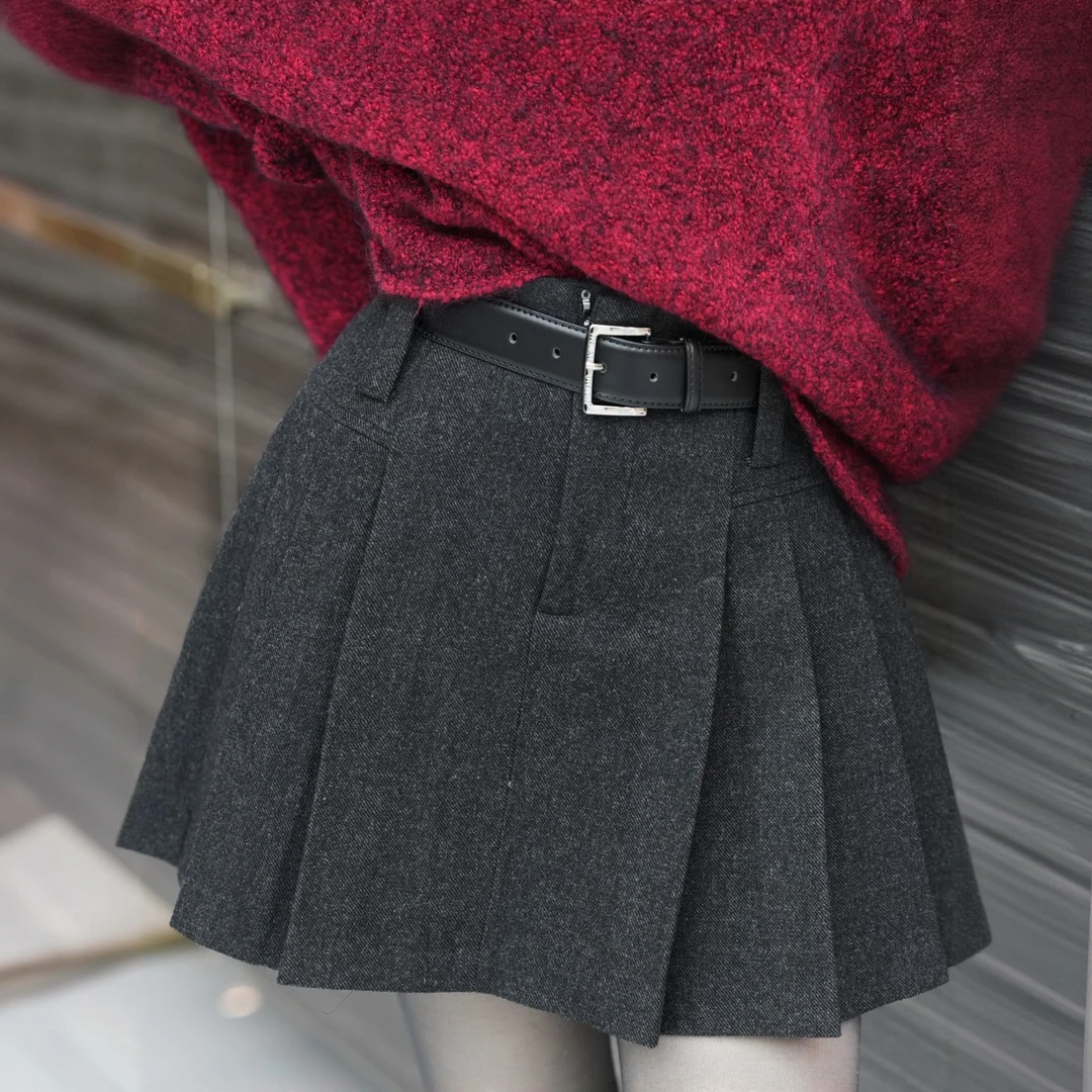 POPULARYW【小美好】秋冬休闲百搭压褶配腰带毛呢百褶短裙半身裙