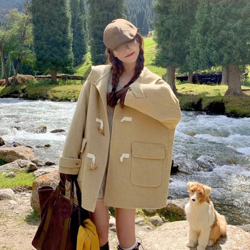 学院风牛角扣双面羊毛大衣女小个子2024深秋新款韩系粉色毛呢外套