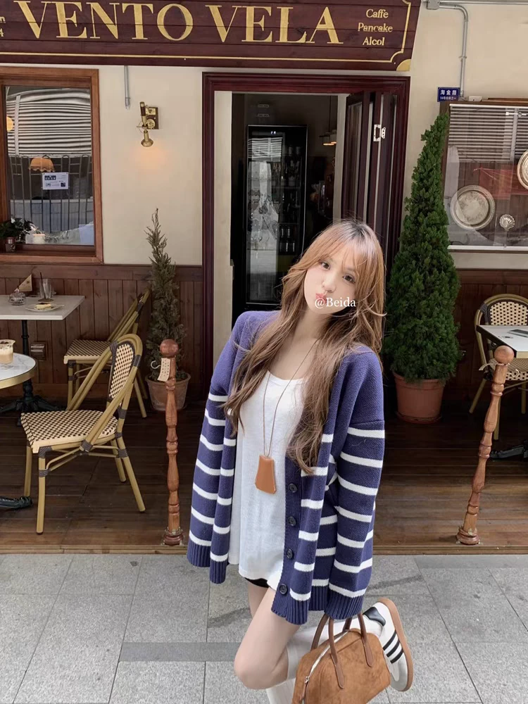 藏青色条纹开衫针织衫毛衣女春季2025新款宽松休闲百搭中长款上衣