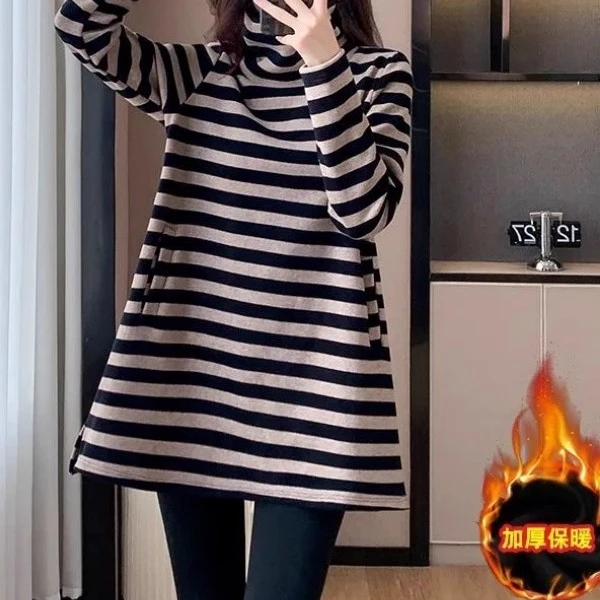 加大码300斤韩系高领条纹卫衣女装秋冬季加绒加厚保暖打底衫上衣