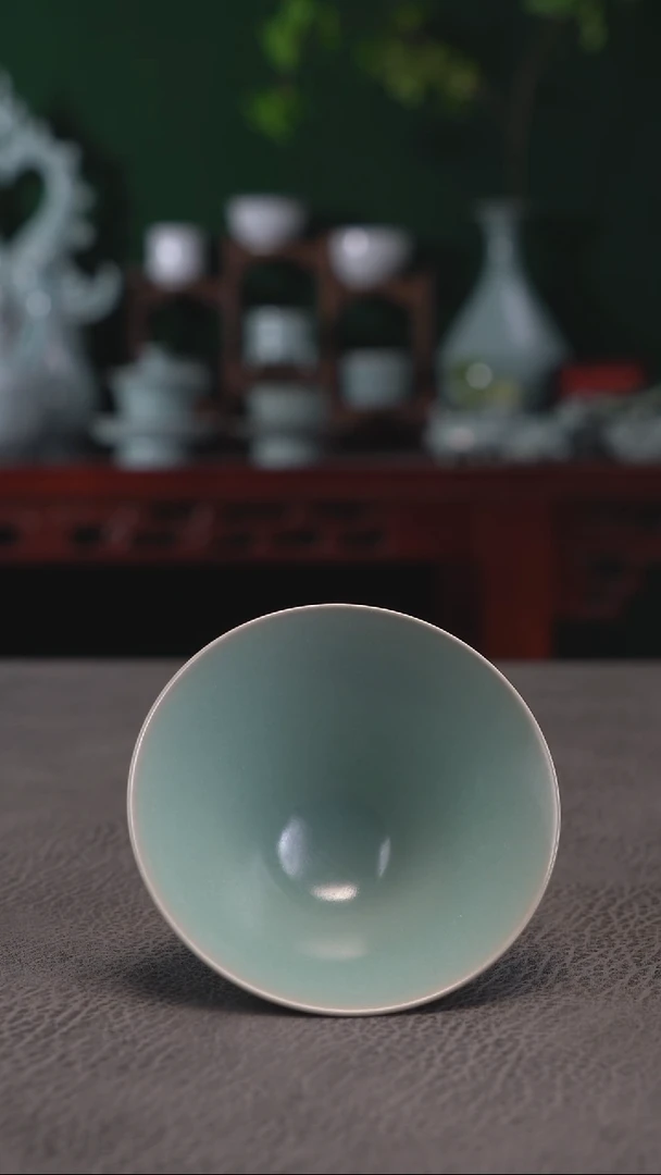 扫地僧绿釉斗笠杯精品~帆