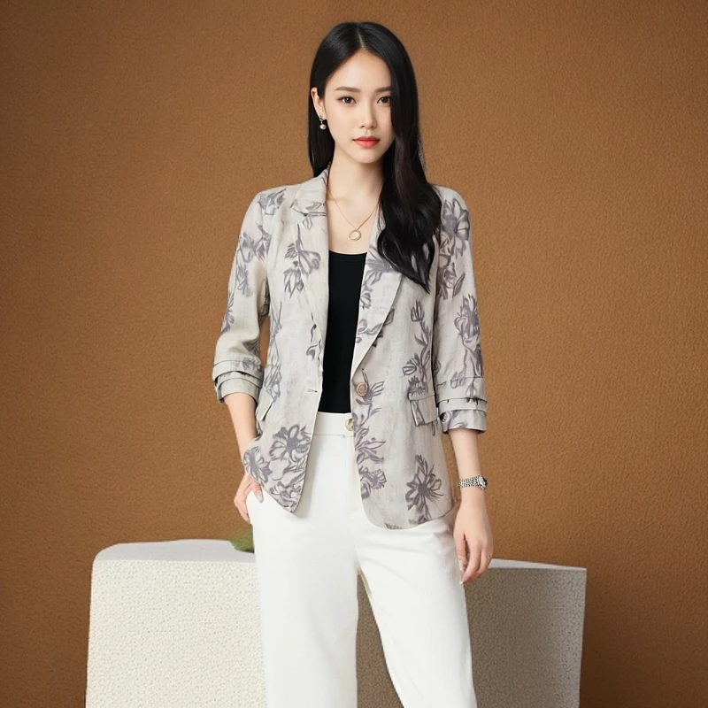 夏季休闲西装外套女2025年新款提花别致翻领中袖显瘦薄款防晒上衣