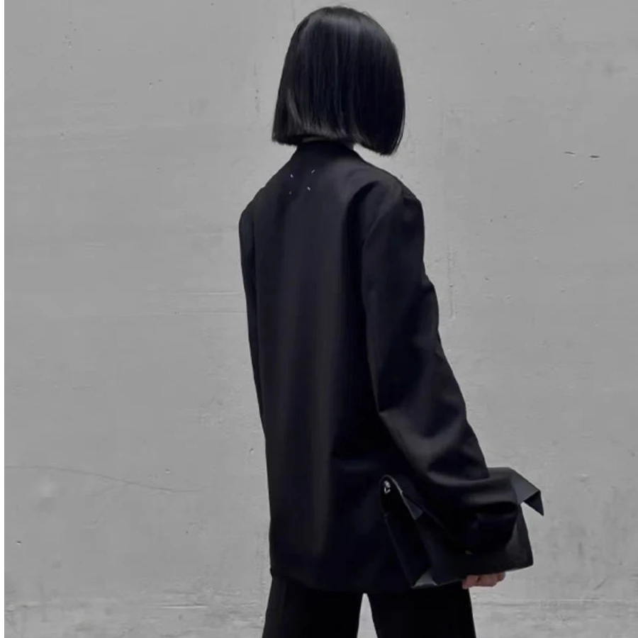 黑色无领西装外套女2025新款秋季高级感宽松休闲春秋气质西服上衣