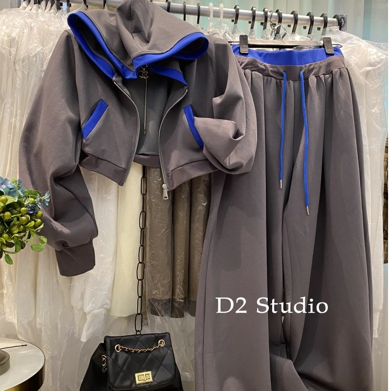 韩版学院风宽松连帽撞色百搭卫衣+慵懒高腰纯色休闲阔腿裤两件套