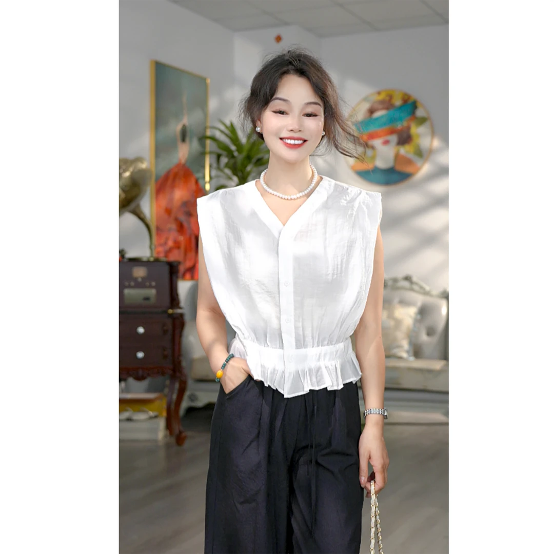 无印心匠K1809 木耳无袖衬衫微透无袖上衣文艺时尚春夏短款A256-1