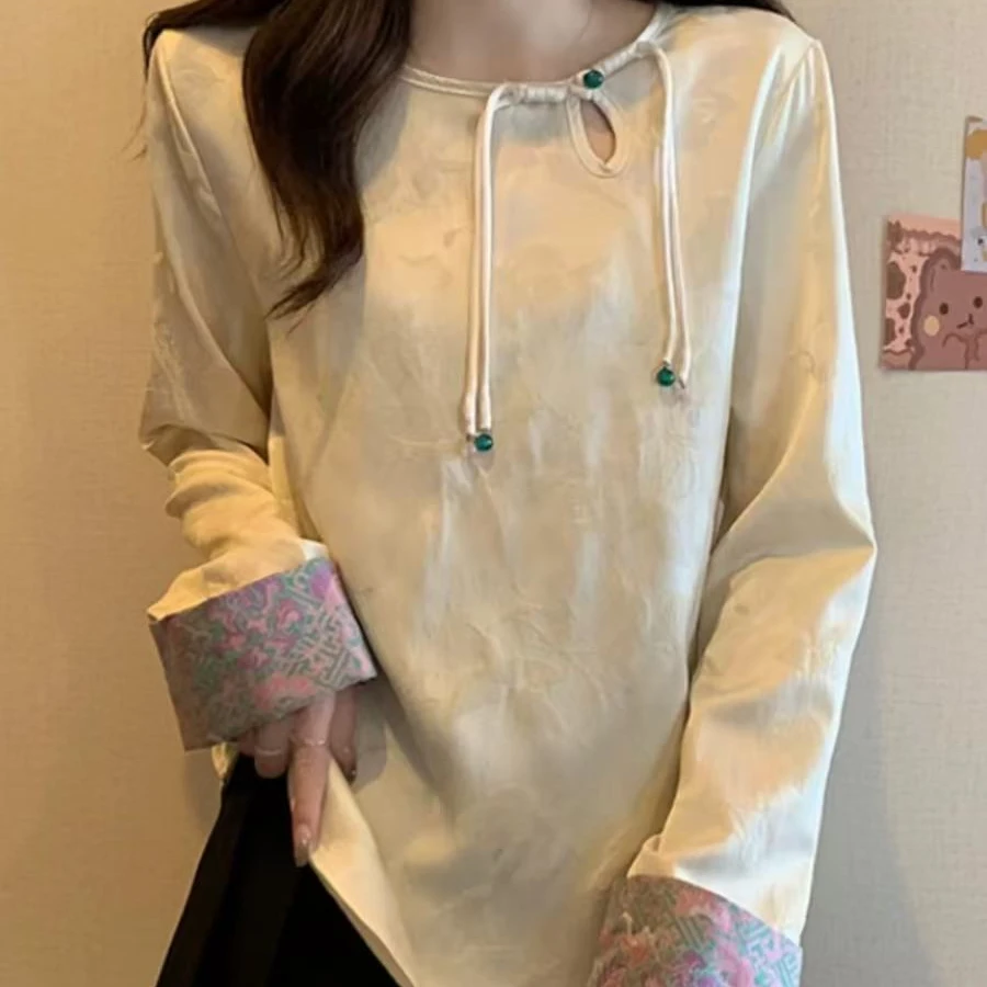 新中式盘扣国风衬衫女春秋款大码胖mm显瘦设计感上衣减龄提花衬衣