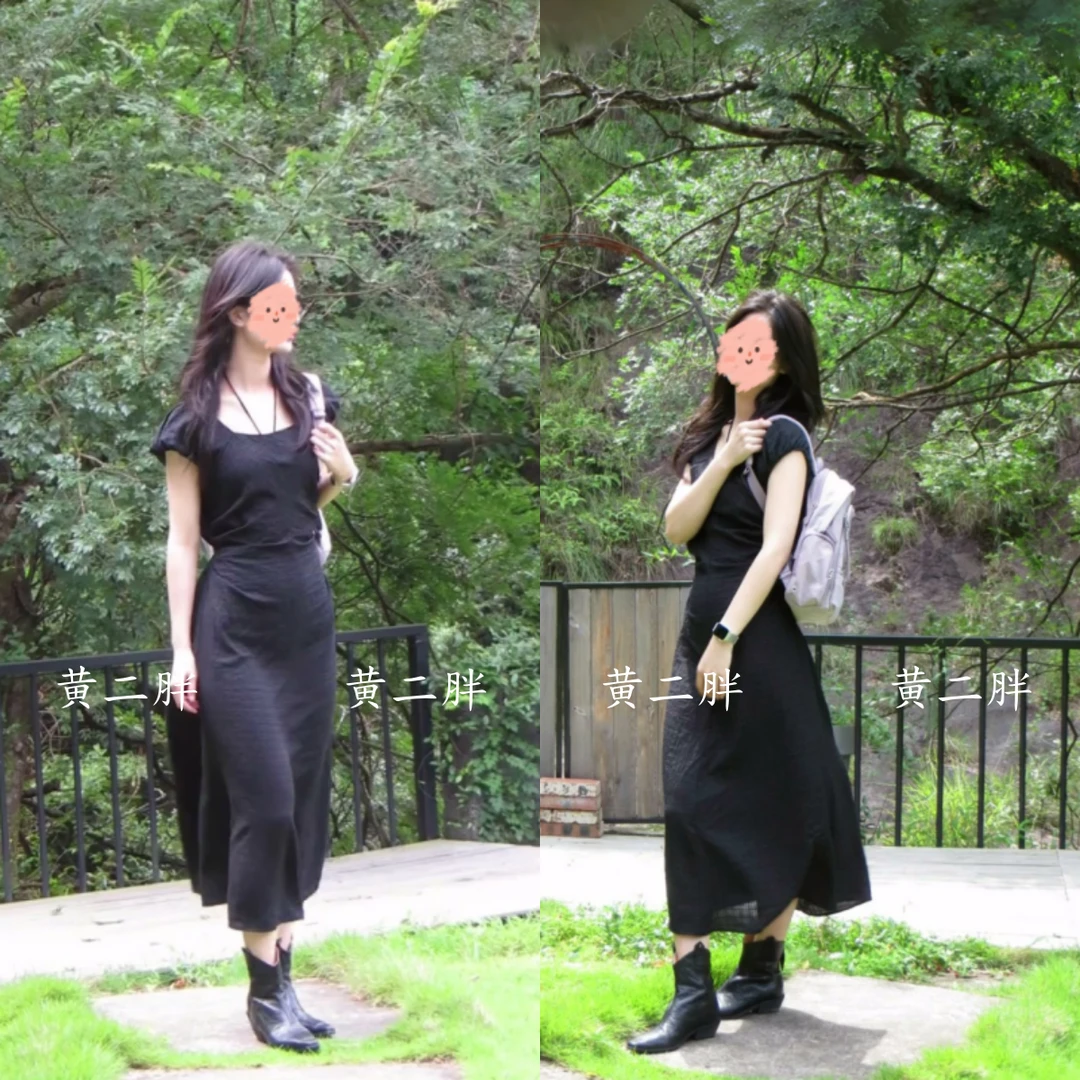 后背镂空系带方领连衣裙女时尚高端黑色显瘦透气长裙子2025夏新款