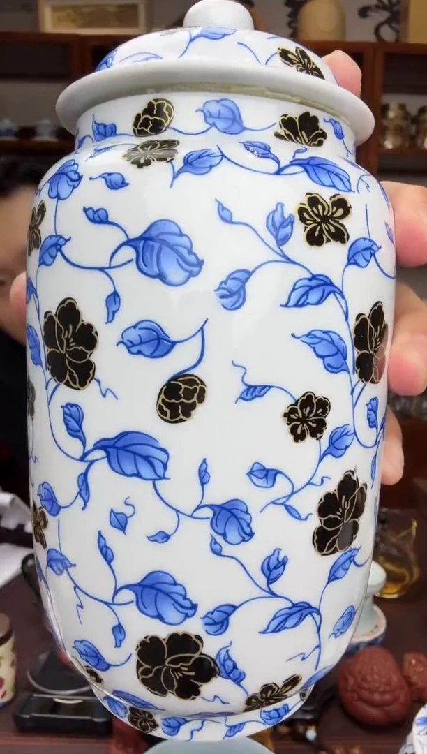 彩花满绘茶叶罐黑一对