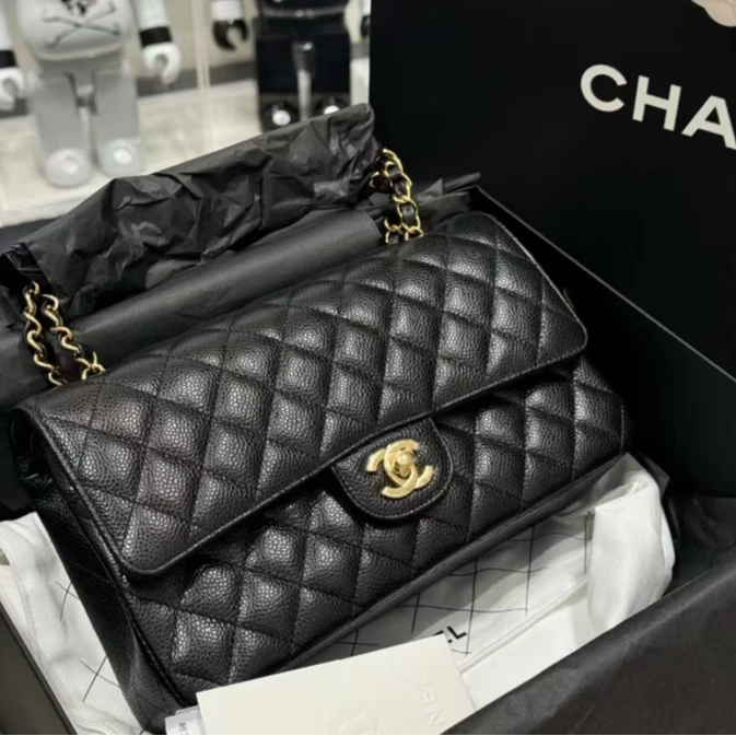 99新 Chanel/香奈儿 大头活动CF 口盖包 中号 黑金牛 芯片开