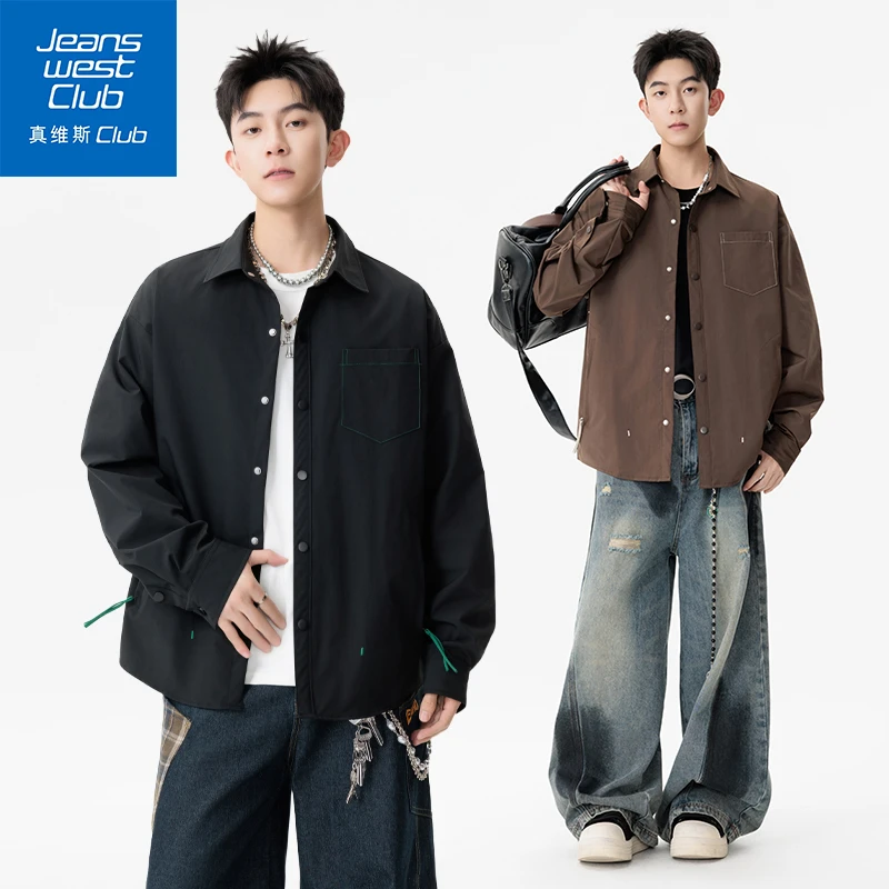 真维斯club秋季新款翻领衬衫夹克男美式复古潮流休闲宽松百搭外套