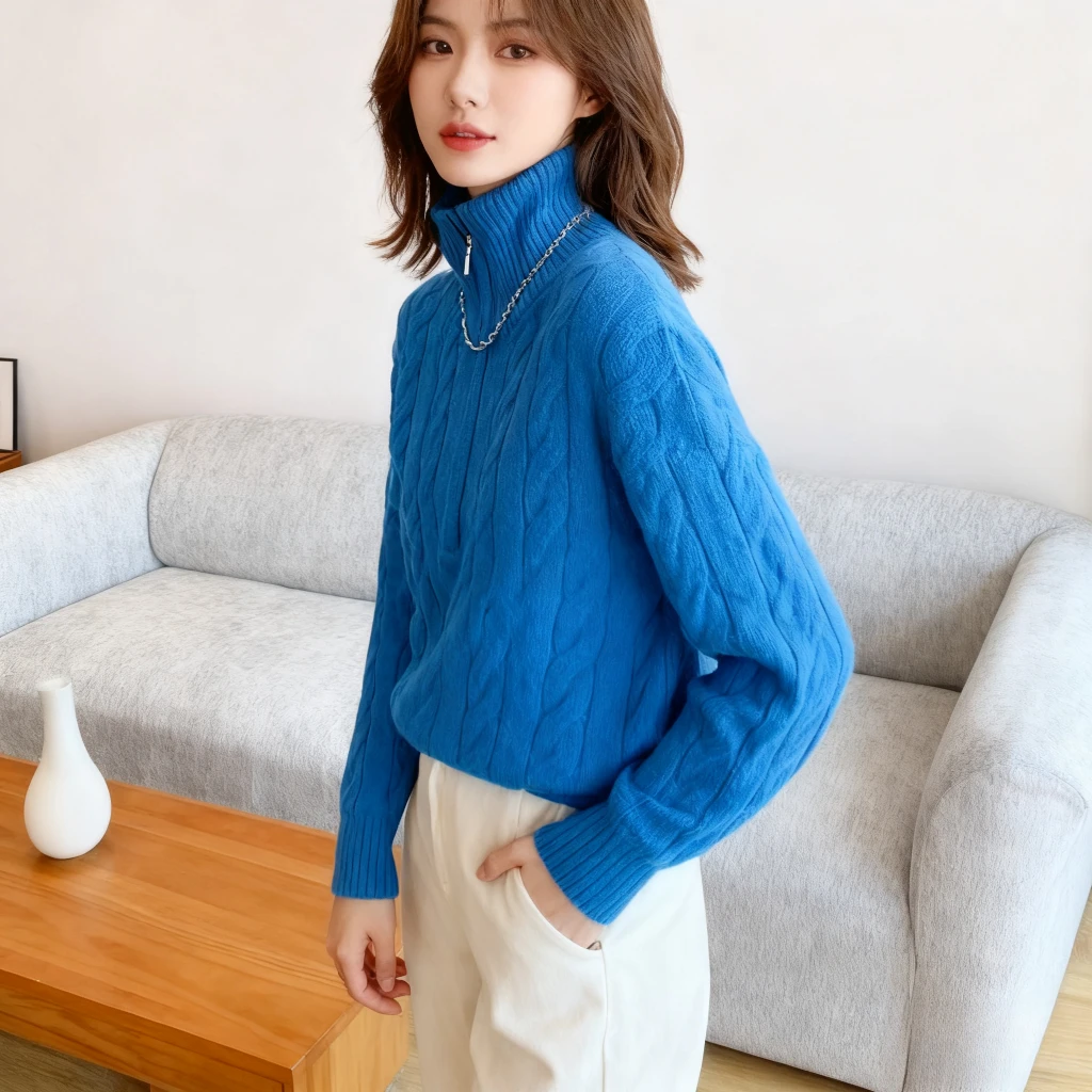 大码女装克莱因蓝半拉链麻花套头毛衣女25秋冬新款长袖针织衫上衣