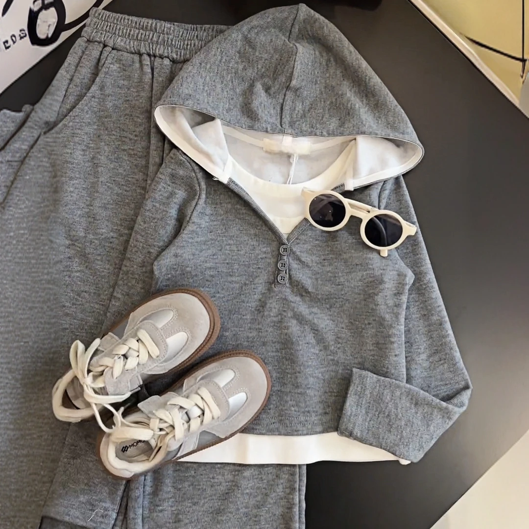 【糯米套装】春秋儿童纯色长款亲子连帽休闲三件套童装运动套装潮