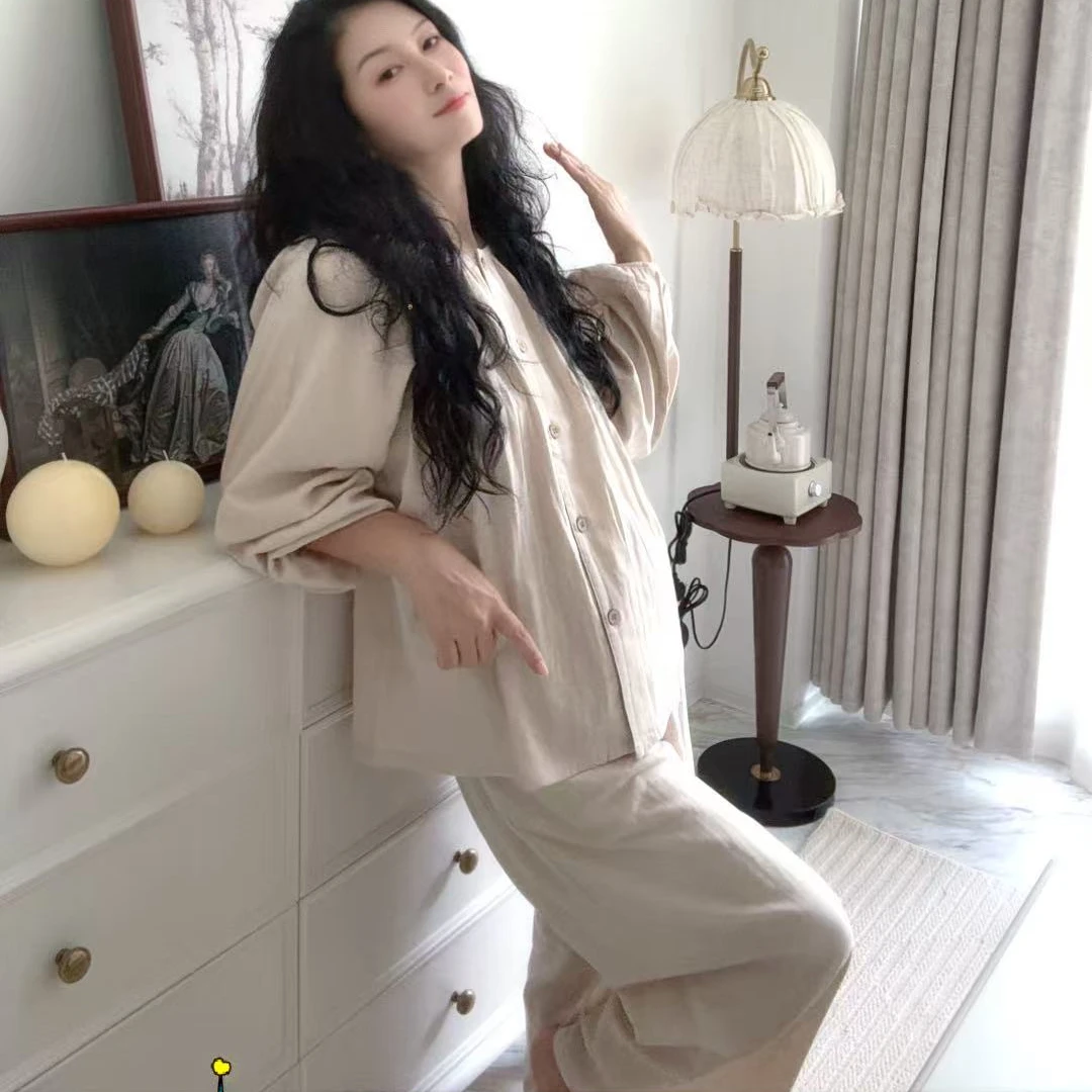 休闲春秋款全棉双层纱氛围感高级感睡衣女纱布长袖开衫长裤套装