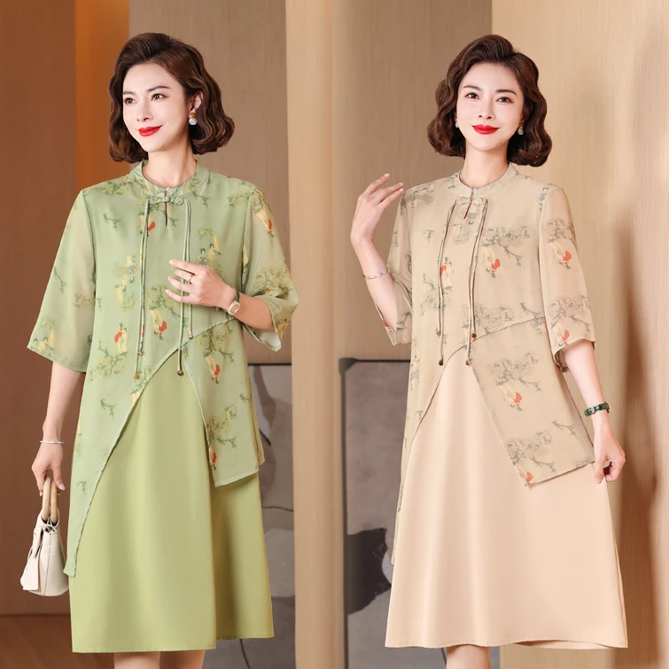 新中式连衣裙夏季古风仙气文艺对襟绣花大码女装裙子中年妈妈装