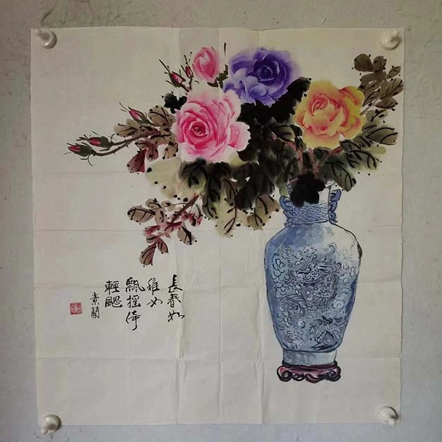 4091  多年前纯手绘老字画《牡丹》中堂  尺寸 68×68