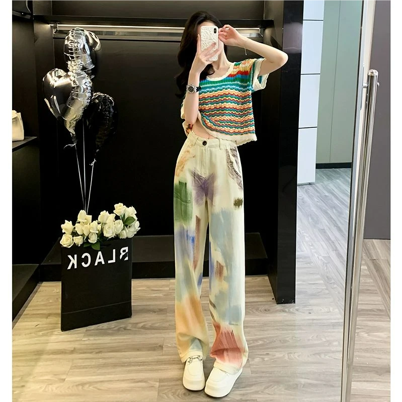 扎染穿搭一整套女装夏季冰丝彩虹针织短袖上衣阔腿牛仔裤两件套