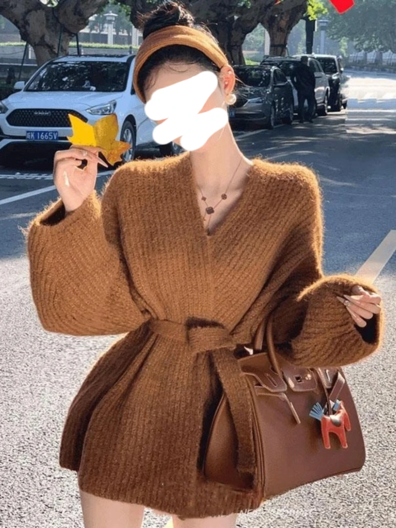 长袖法式慵懒风南瓜色秋季宽松毛衣女复古百搭中长款针织开衫