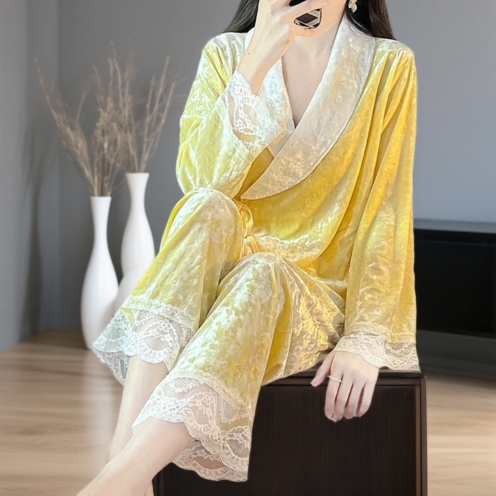 春秋季新款金丝绒长袖长裤纯色宽松两件套装女公主风蕾丝花边休闲