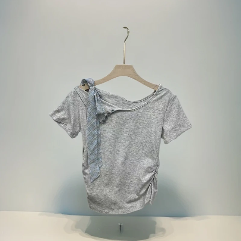 1628斜肩设计感T恤女款百搭简约显瘦T恤