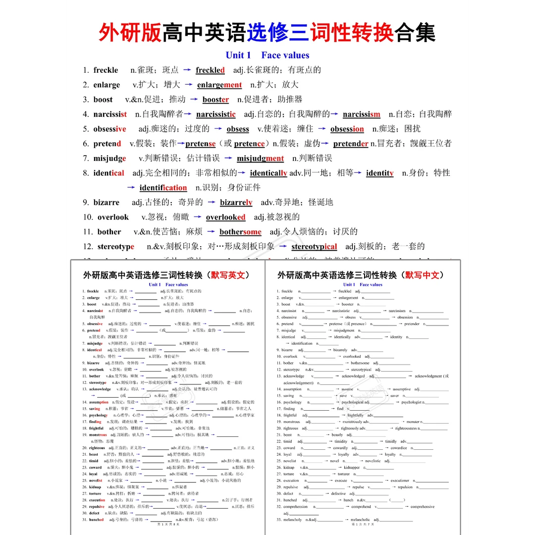 G575-外研版高中英语选修三词性转换合集背诵 中英默写PDF电子版