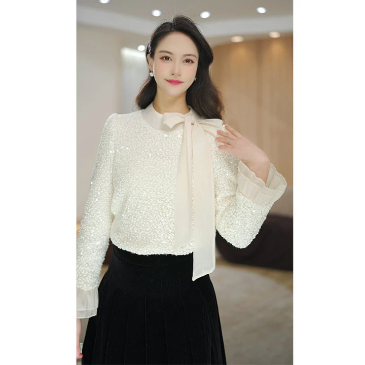 马克华菲女装名媛重工亮片蝴蝶结衬衫春季新韩系别致喇叭长袖套装
