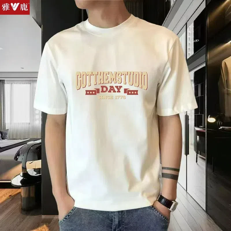 雅鹿高品质宽松男短袖T恤夏季圆领潮流印花半袖体恤打底衫上衣