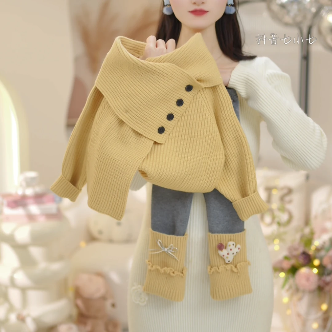 女童2025冬季新款洋气加厚围脖加厚毛衣加绒打底裤两件套C23981