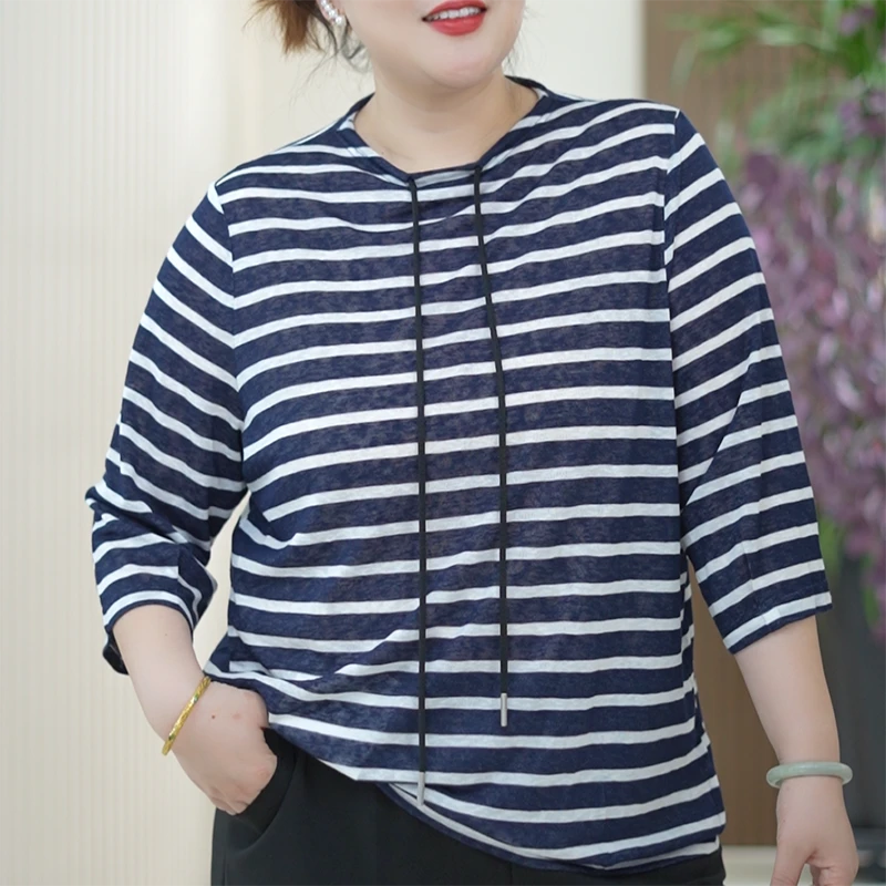 轻氧天竹棉T恤女条纹薄软舒适透气百搭雪花质感休闲减龄弹力上衣