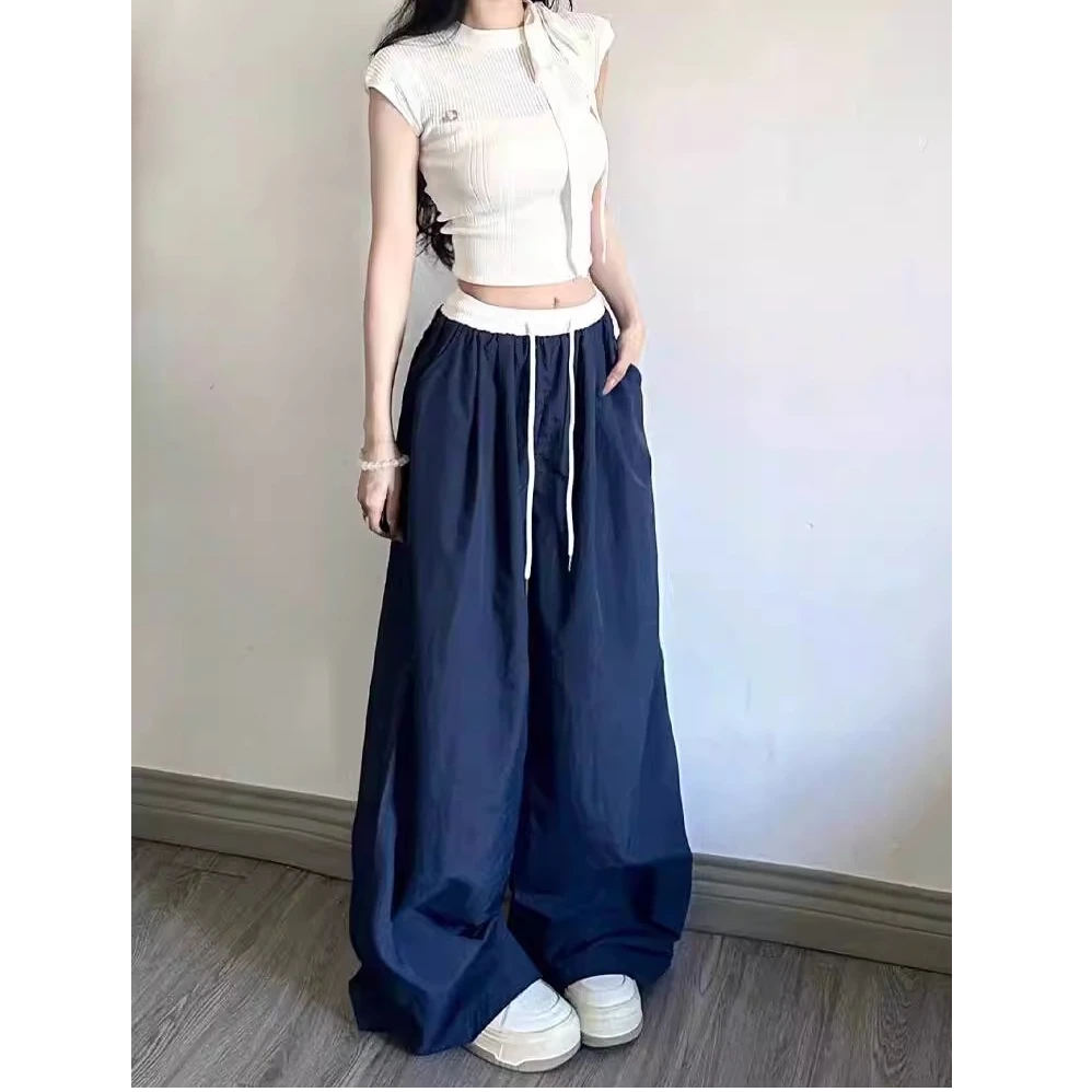 夏季慵懒松弛感裤子拼色宽松显瘦休闲裤