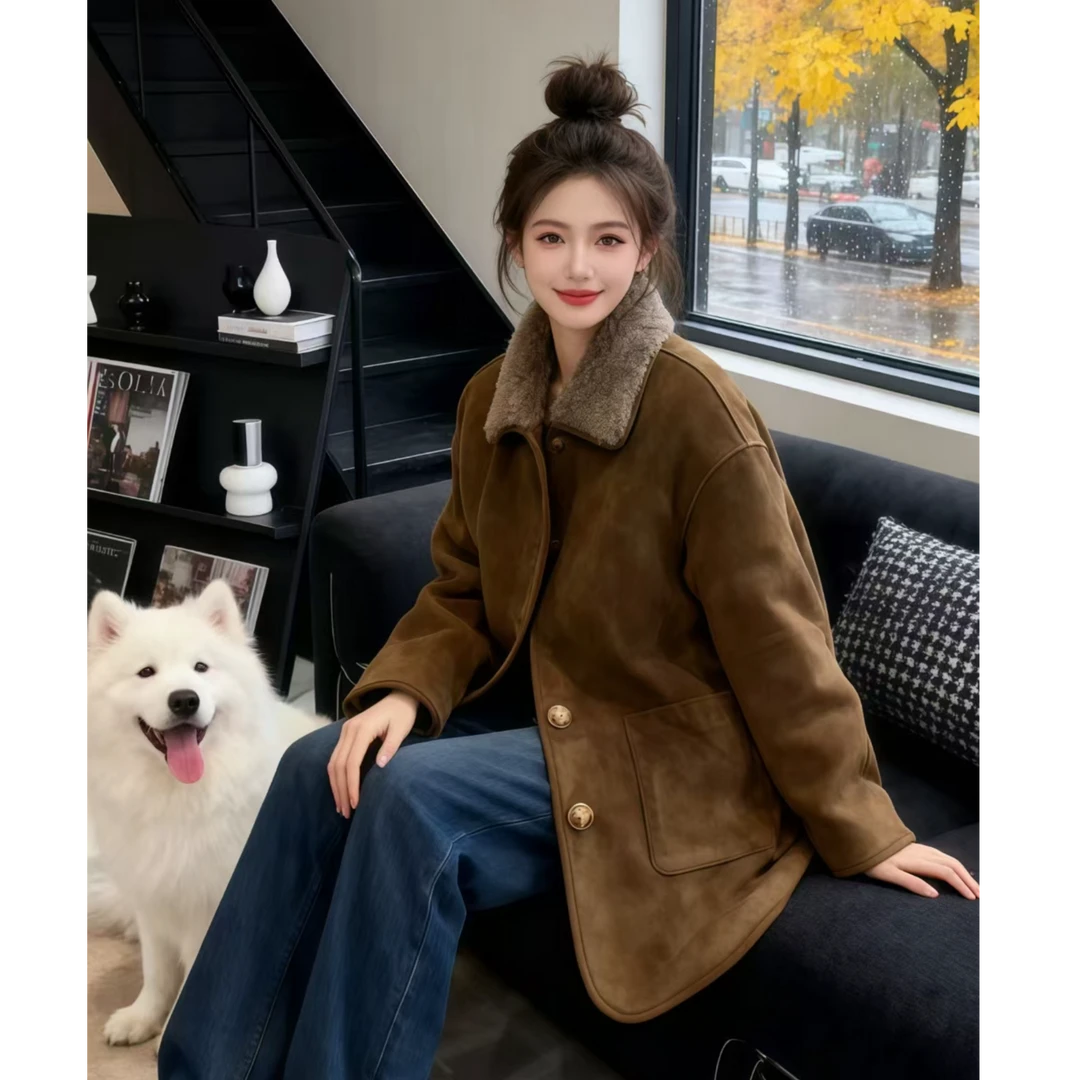 海宁秋冬女士时尚百搭双面加厚中长款外出新款外套外套一体皮毛