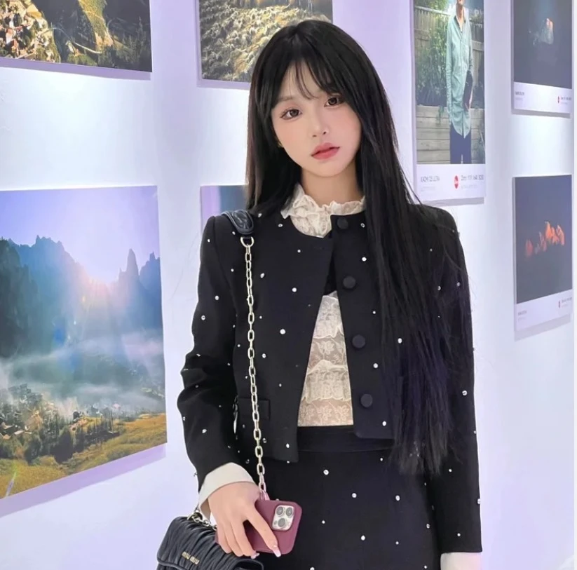 95新 MIU MIU/缪缪  GW0429  镶钻翻领单排扣长袖夹克外套 XS码