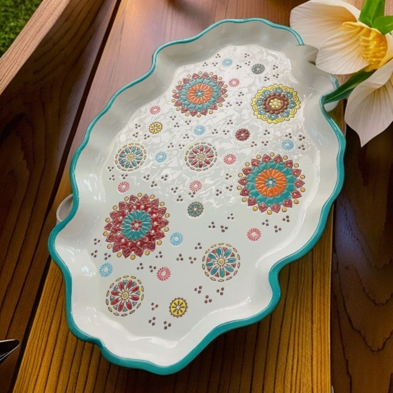 清仓-外贸14英寸金玉满堂云朵浮雕大茶盘，大号创意陶瓷托盘