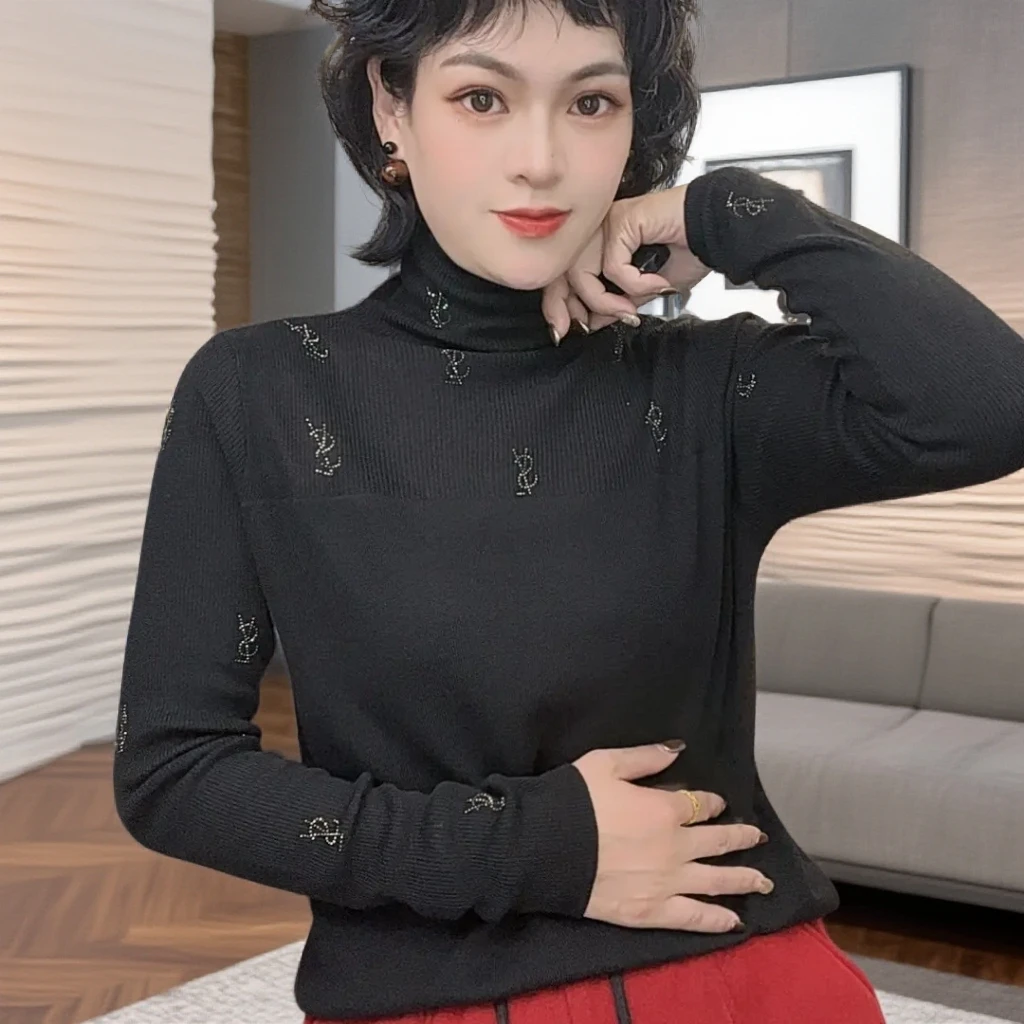 《木兮木》高领镂空拼接针织衫女秋冬设计感弹力长袖百搭打底上衣