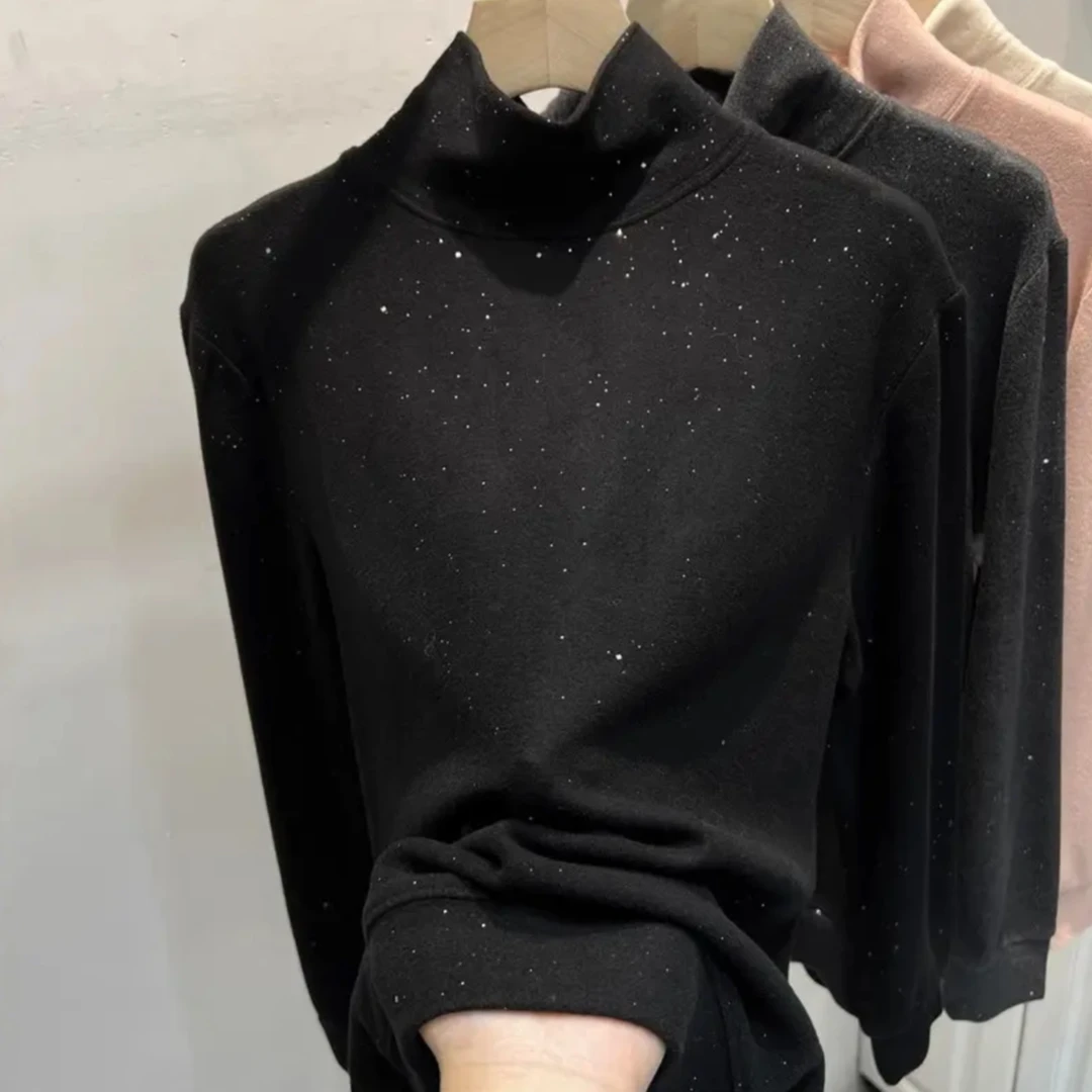 明线装饰套头内搭打底衫气质长袖时尚堆堆领常规洋气T恤