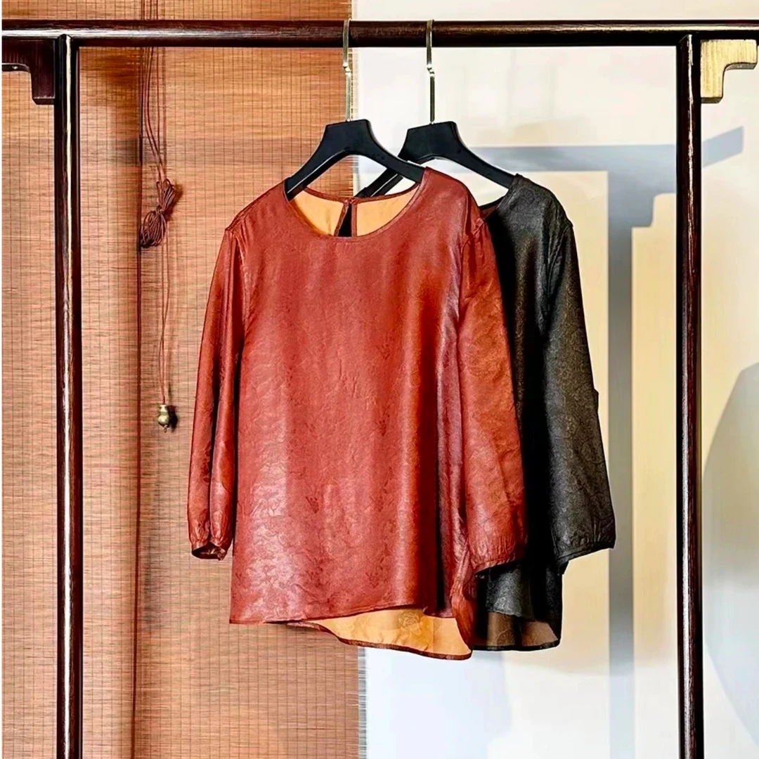 顺德老料薯莨染色显瘦减龄高端贵气女士长袖上衣199