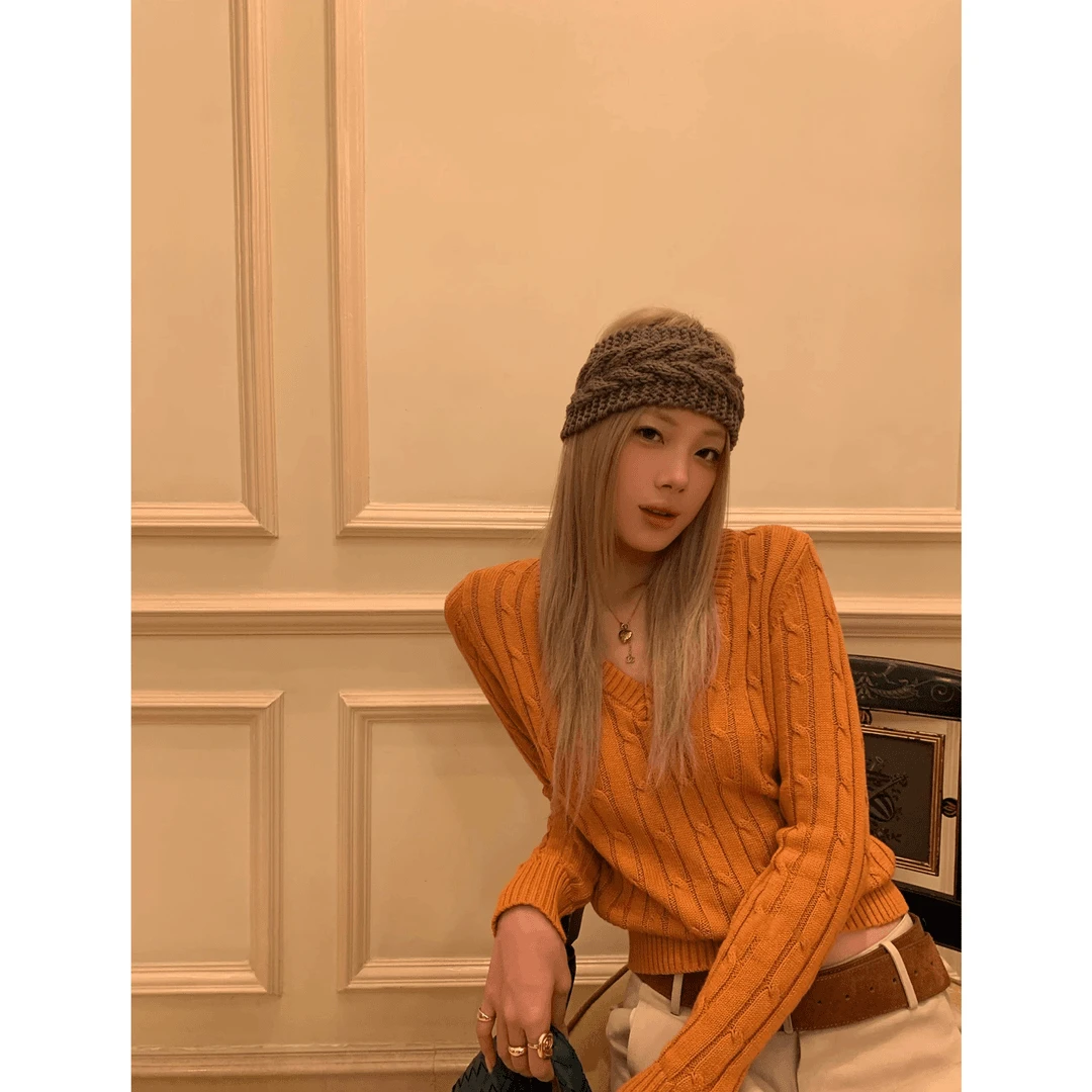 针织衫上衣法式复古百搭小众辣妹V领女款早秋季修身显瘦长袖毛衣