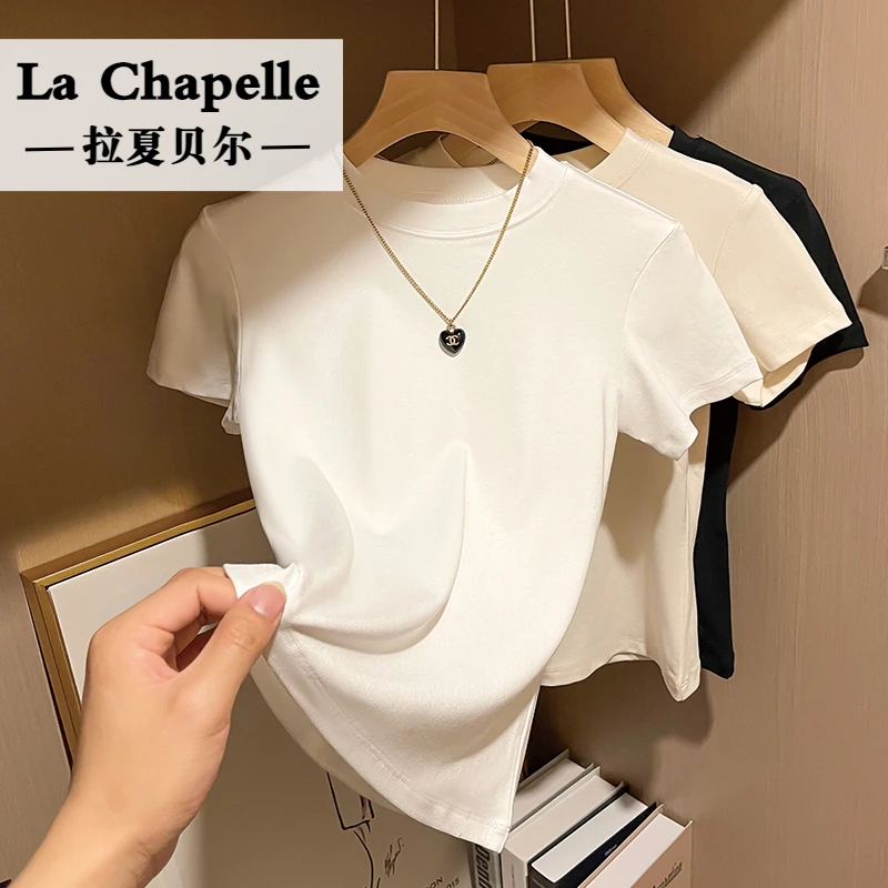 拉夏贝尔短袖T恤女正肩白色修身夏季2025新款夏季小圆领上衣修身