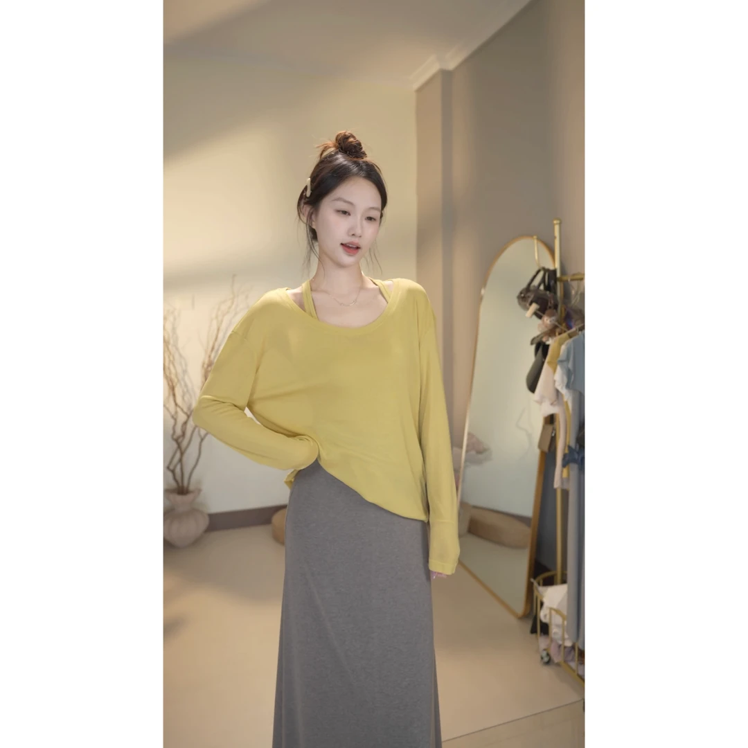 夏季薄款慵懒风简约休闲宽松长袖防晒衫U领背心吊带两件套