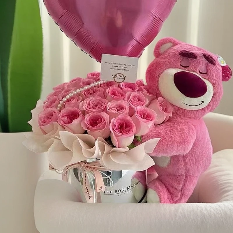 【送女儿女友闺蜜老婆】草莓熊抱抱桶鲜花玫瑰花束全国同城配送
