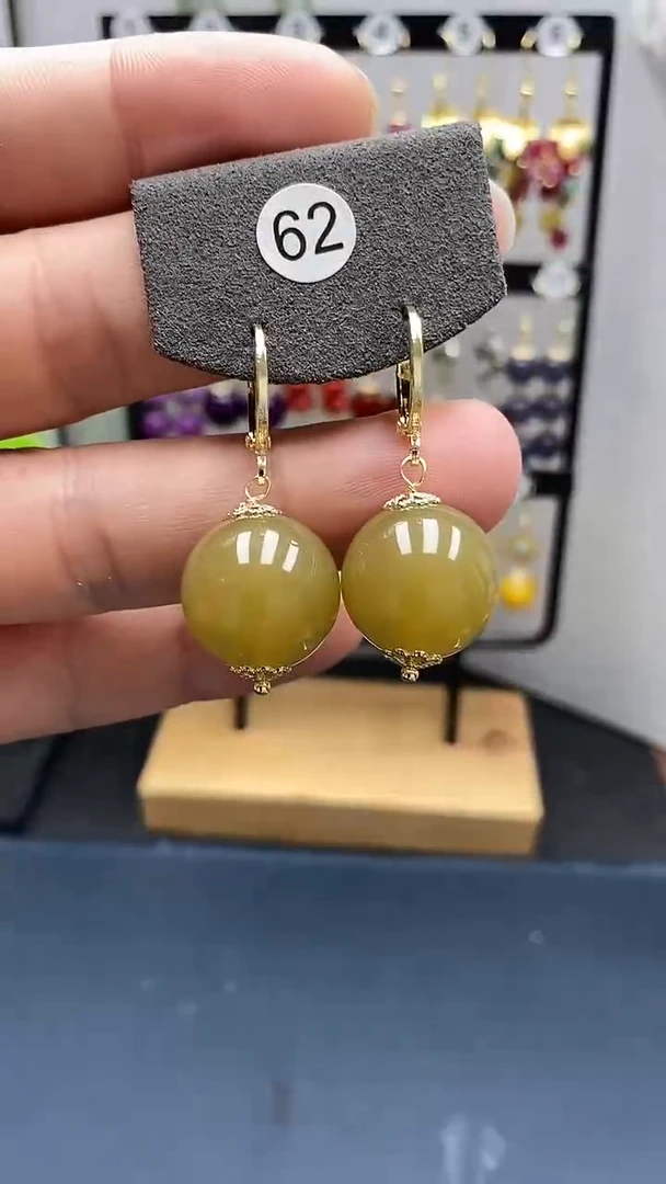 和田玉银S925镀金镶嵌耳饰尺寸16mm耳扣77