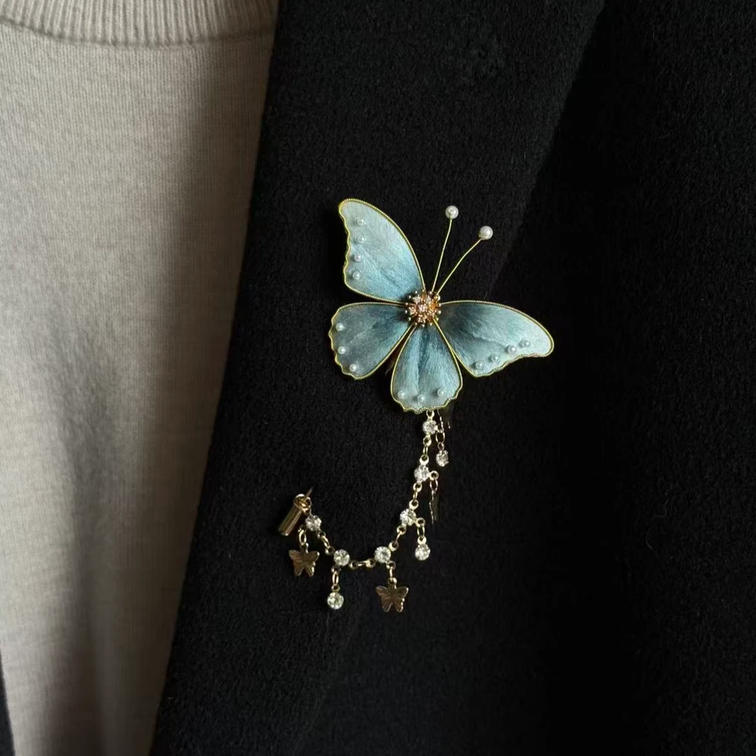 非金属仿珍珠胸针 蝶韵 绒花蝴蝶 非遗绒花 胸针