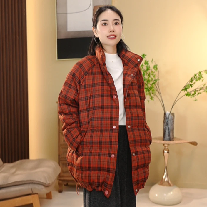 BEIJU 2025复古风格子羽绒服女时尚立领加厚保暖百搭羽绒外套9059